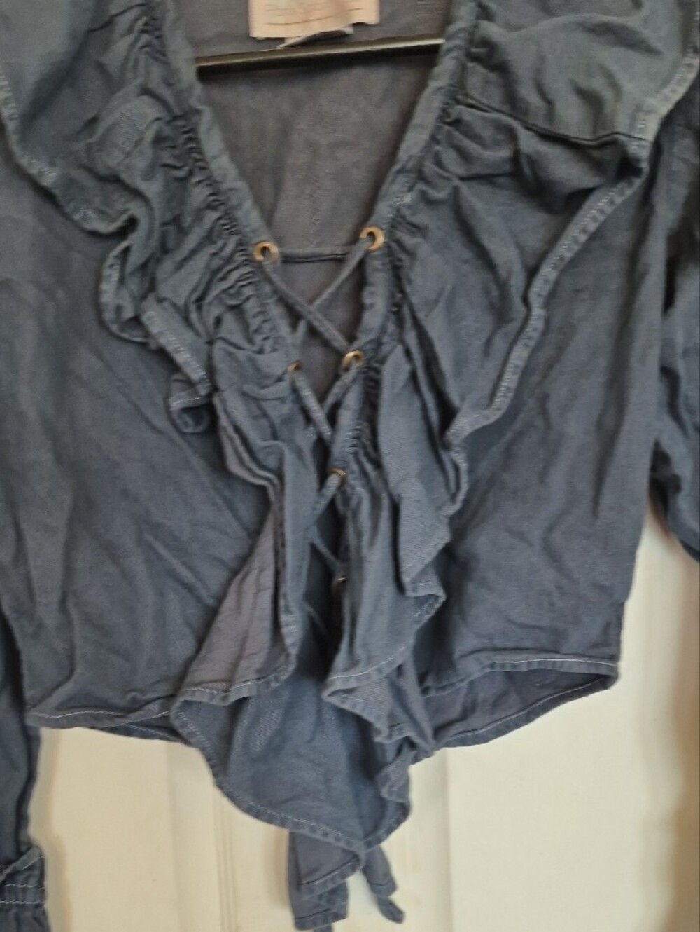 Lace-Up Ruffle Front Navy Women's Blouse - Picture 3 of 7